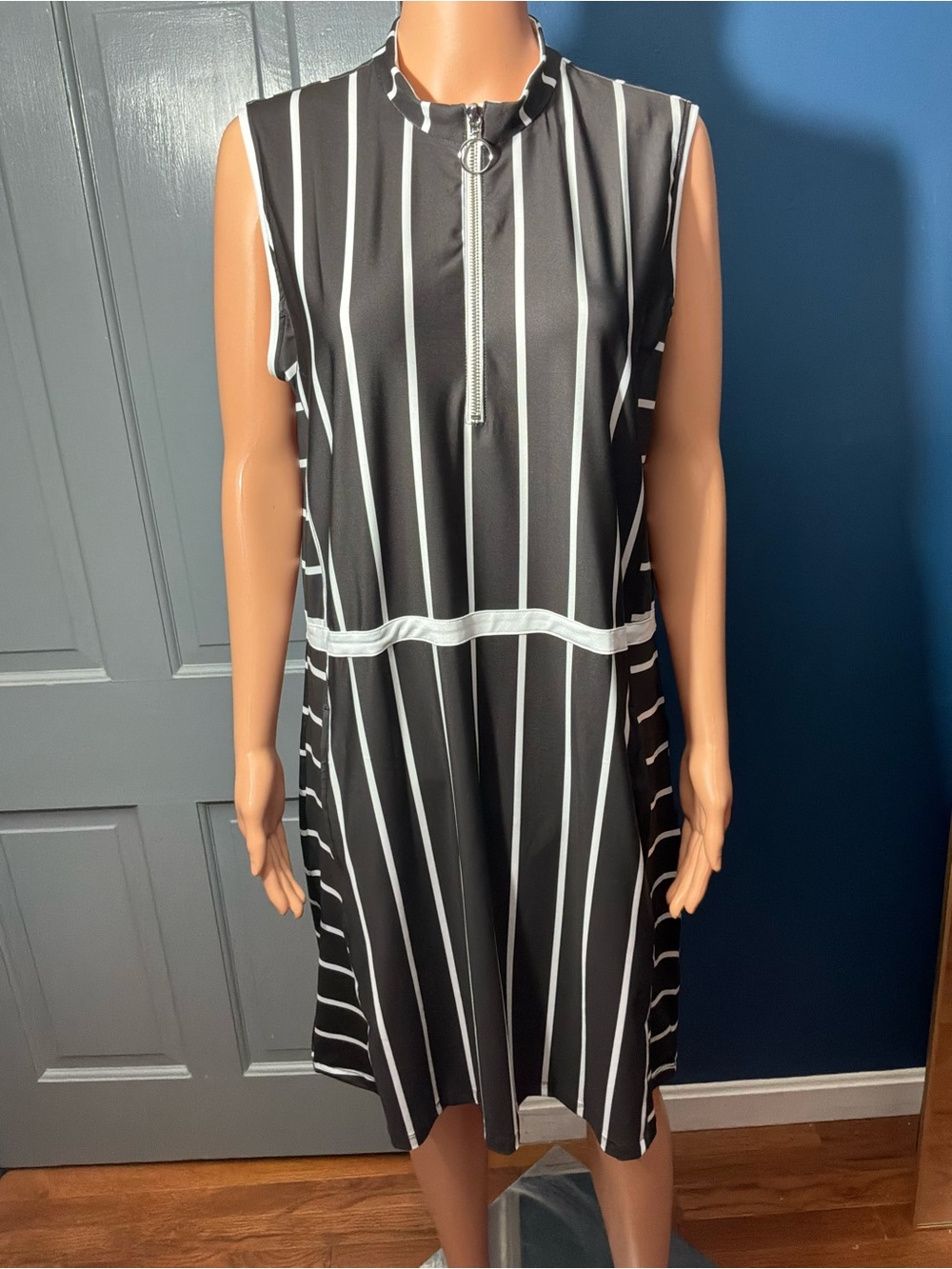 Sleeveless Black & White Vertical Stripe Midi Dress with Zip